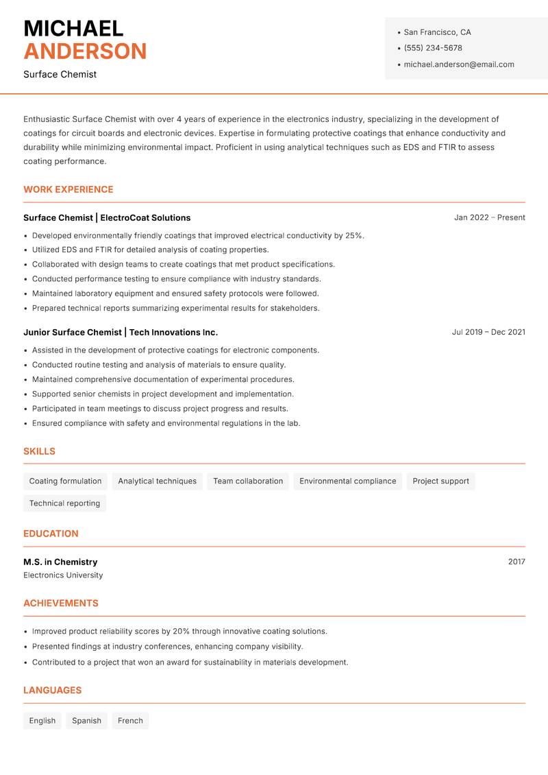 Surface Chemist resume sample — Surface Chemist focus