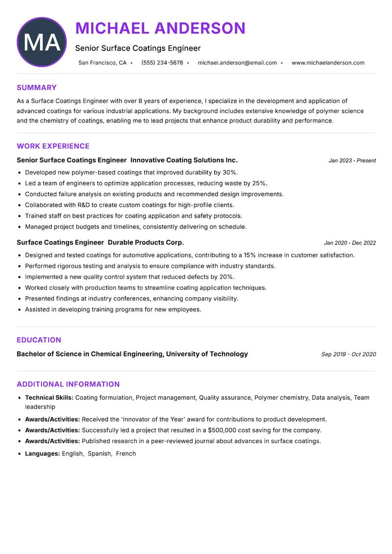 Surface Coatings Engineer resume example