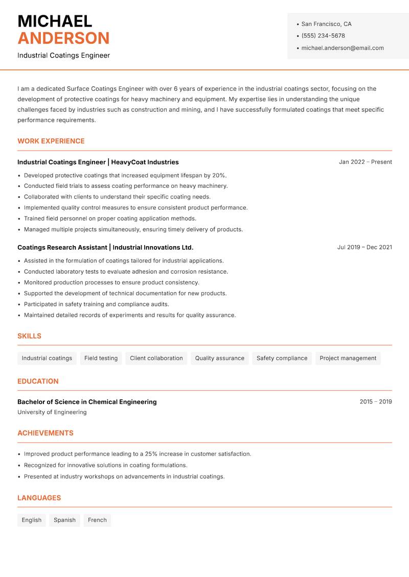 Surface Coatings Engineer resume sample — Industrial Coatings Engineer focus
