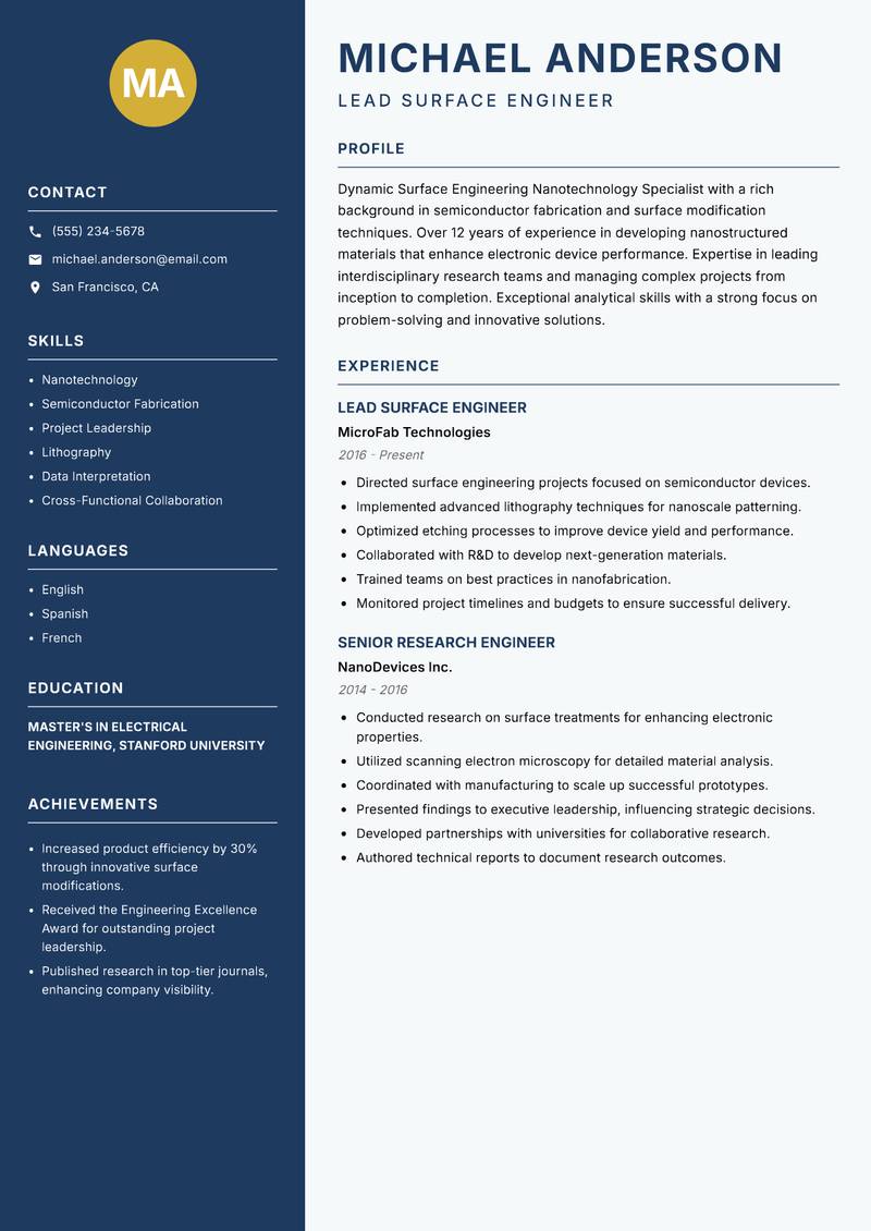 Surface Engineering Nanotechnology Specialist resume sample — Lead Surface Engineer focus