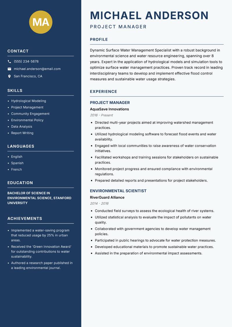 Surface Water Management Specialist resume sample — Project Manager focus