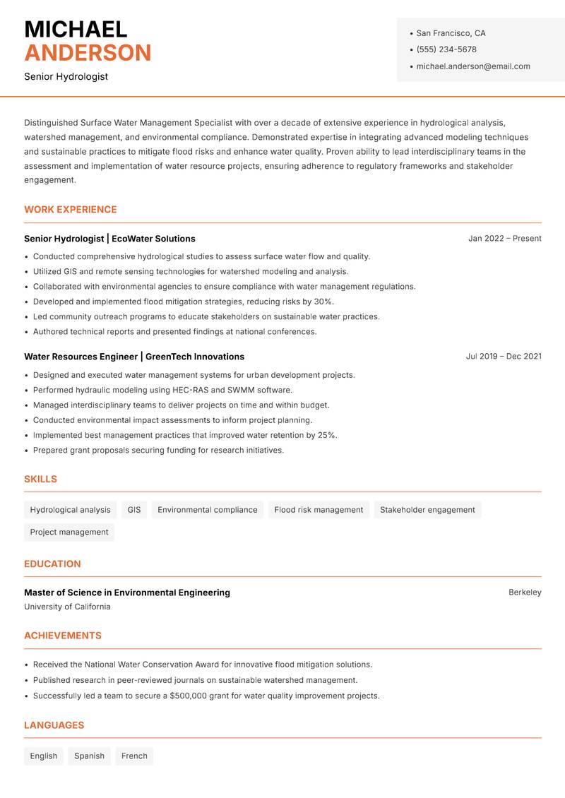 Surface Water Management Specialist resume sample — Senior Hydrologist focus