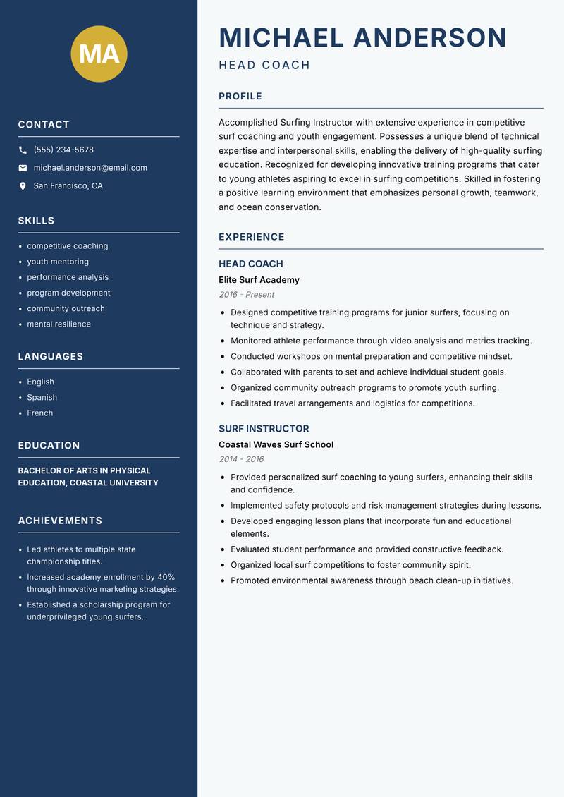 Surfing Instructor resume sample — Head Coach focus