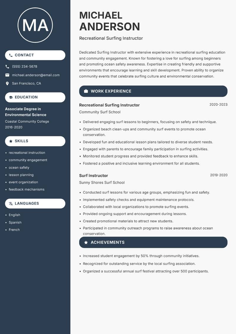 Surfing Instructor resume sample — Recreational Surfing Instructor focus