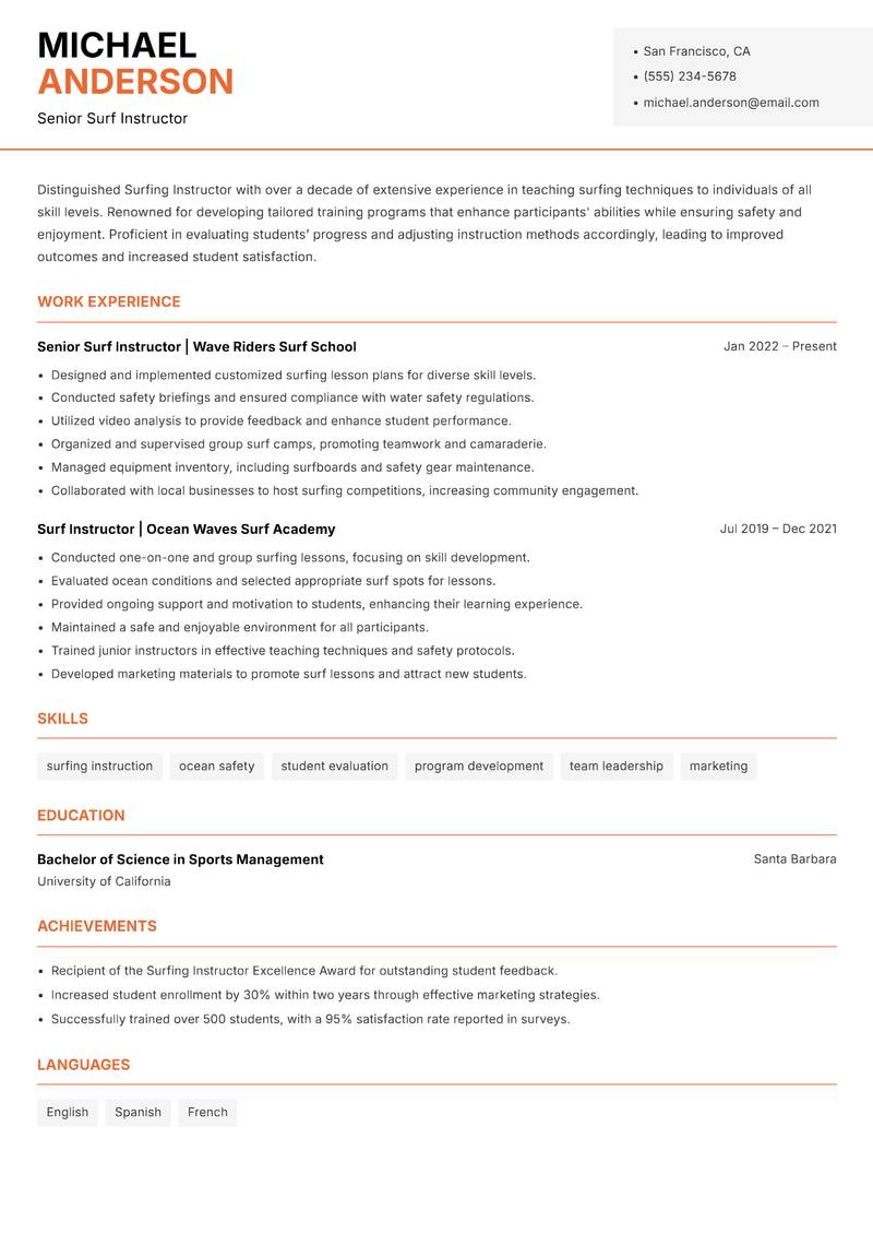 Surfing Instructor resume sample — Senior Surf Instructor focus