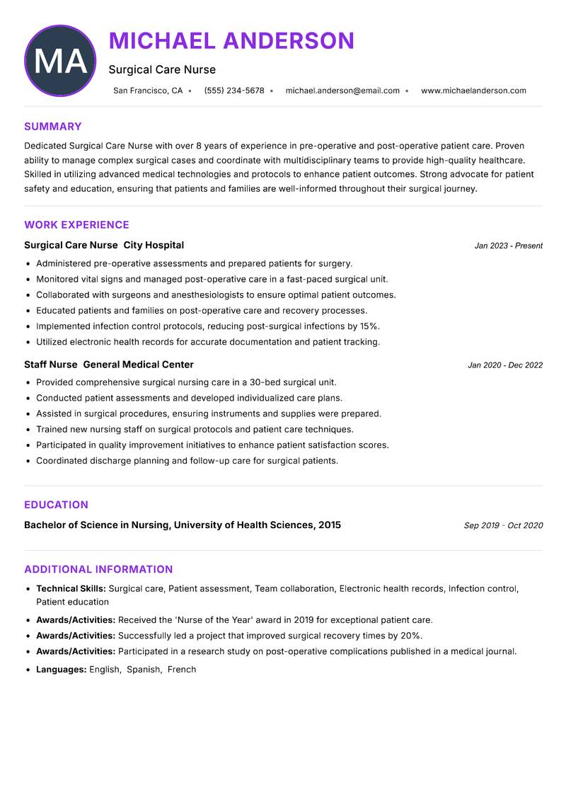 Surgical Care Nurse resume example