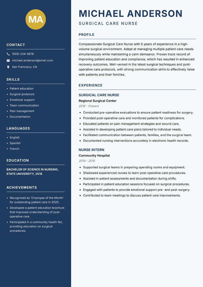 Surgical Care Nurse resume sample — Surgical Care Nurse focus