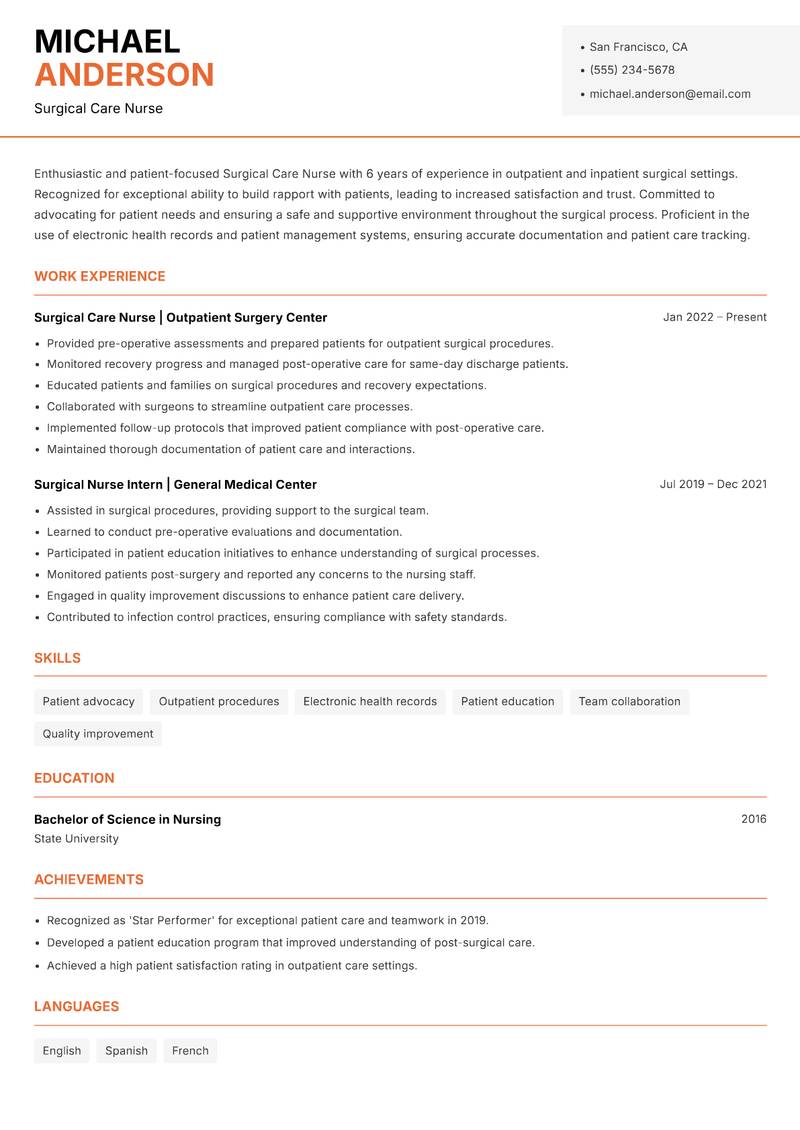 Surgical Care Nurse resume sample — Surgical Care Nurse focus