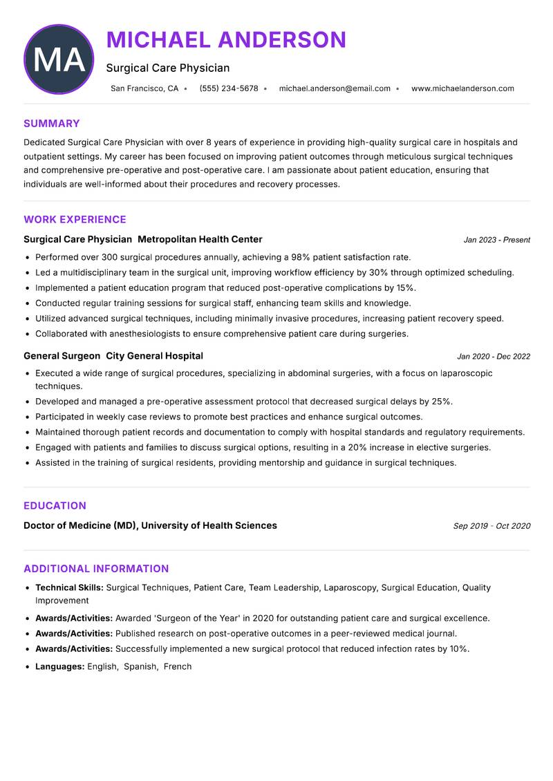 Surgical Care Physician resume example