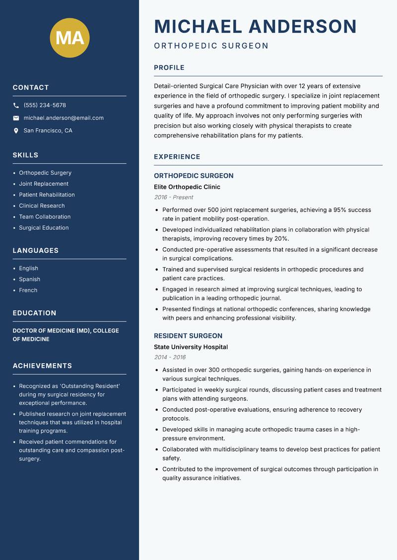 Surgical Care Physician resume sample — Orthopedic Surgeon focus