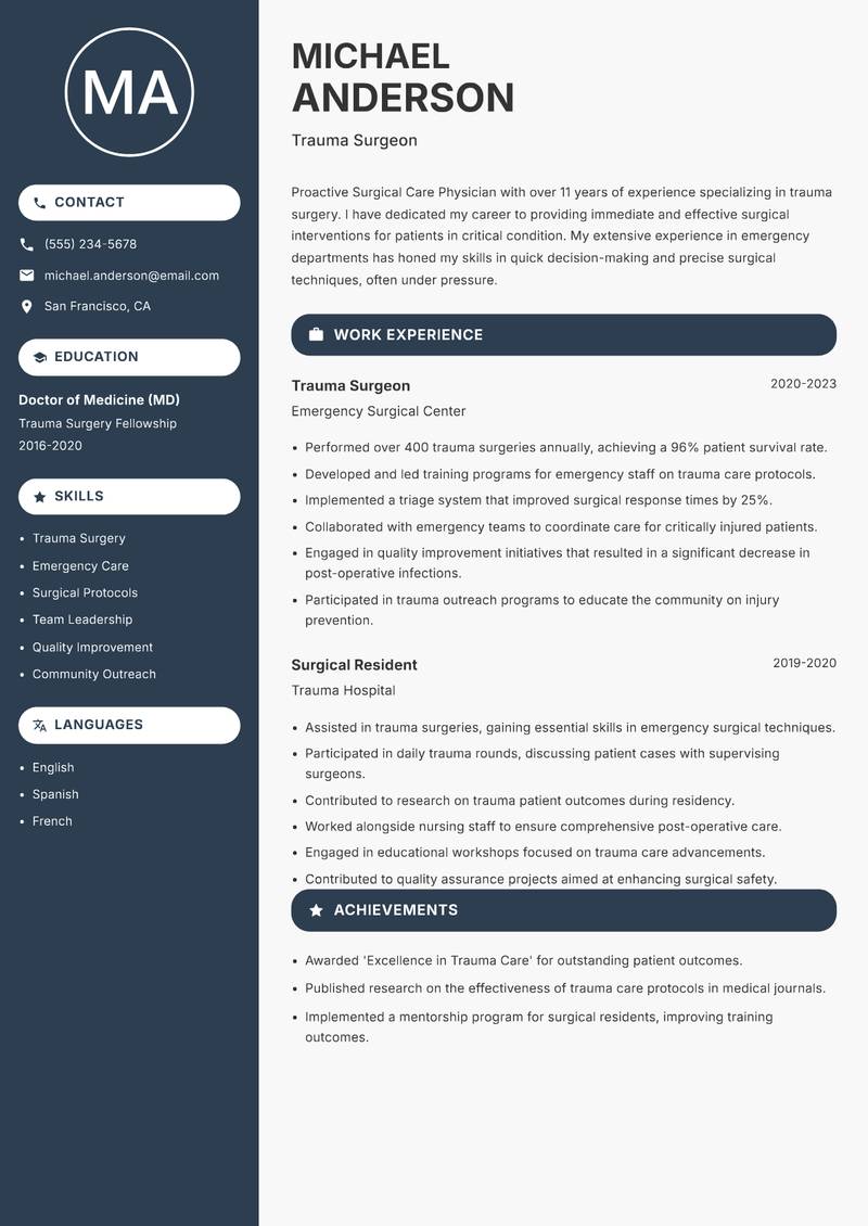Surgical Care Physician resume sample — Trauma Surgeon focus