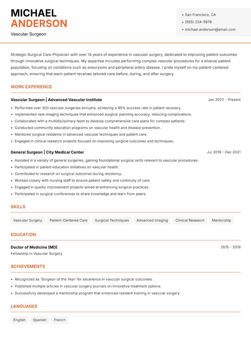 Surgical Care Physician resume sample — Vascular Surgeon focus