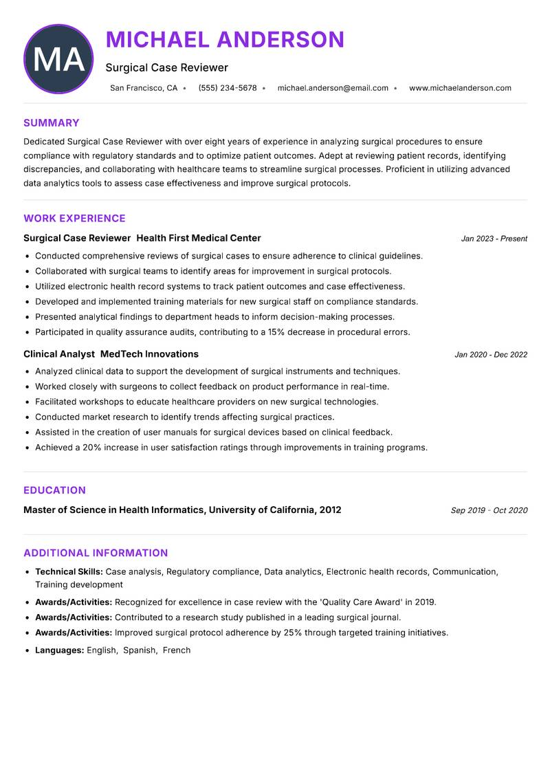 Surgical Case Reviewer resume example