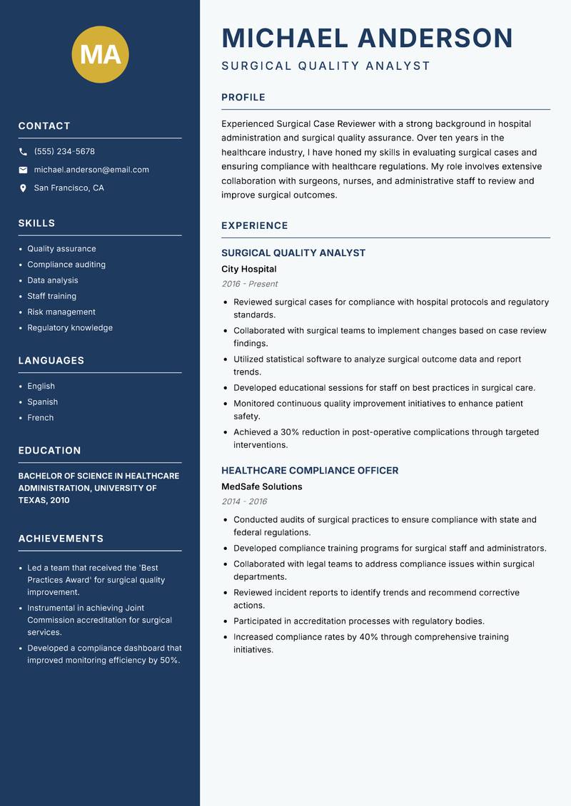 Surgical Case Reviewer resume sample — Surgical Quality Analyst focus