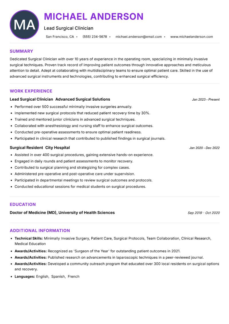 Surgical Clinician resume example