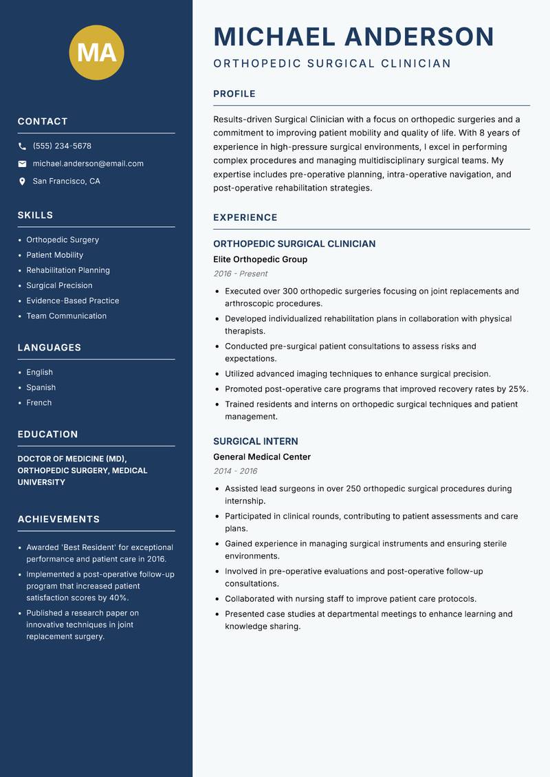 Surgical Clinician resume sample — Orthopedic Surgical Clinician focus