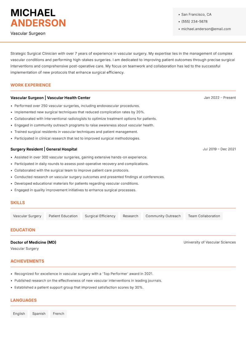 Surgical Clinician resume sample — Vascular Surgeon focus