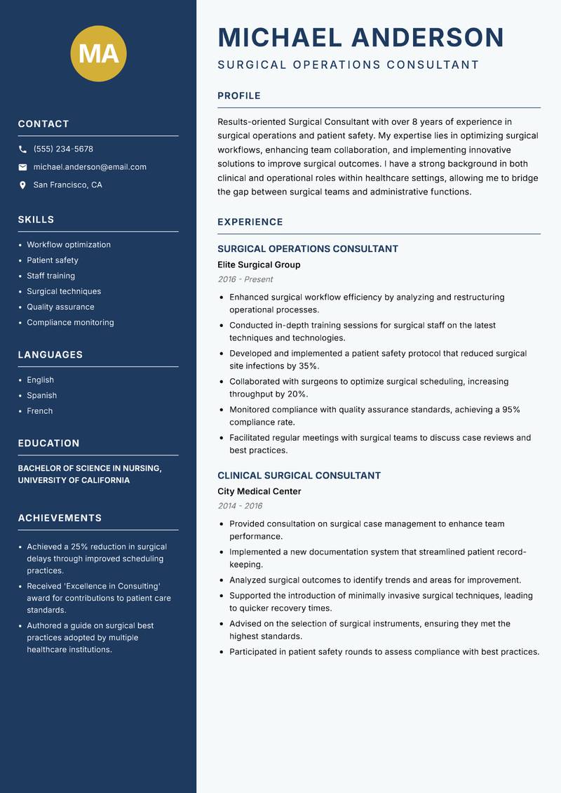 Surgical Consultant resume sample — Surgical Operations Consultant focus