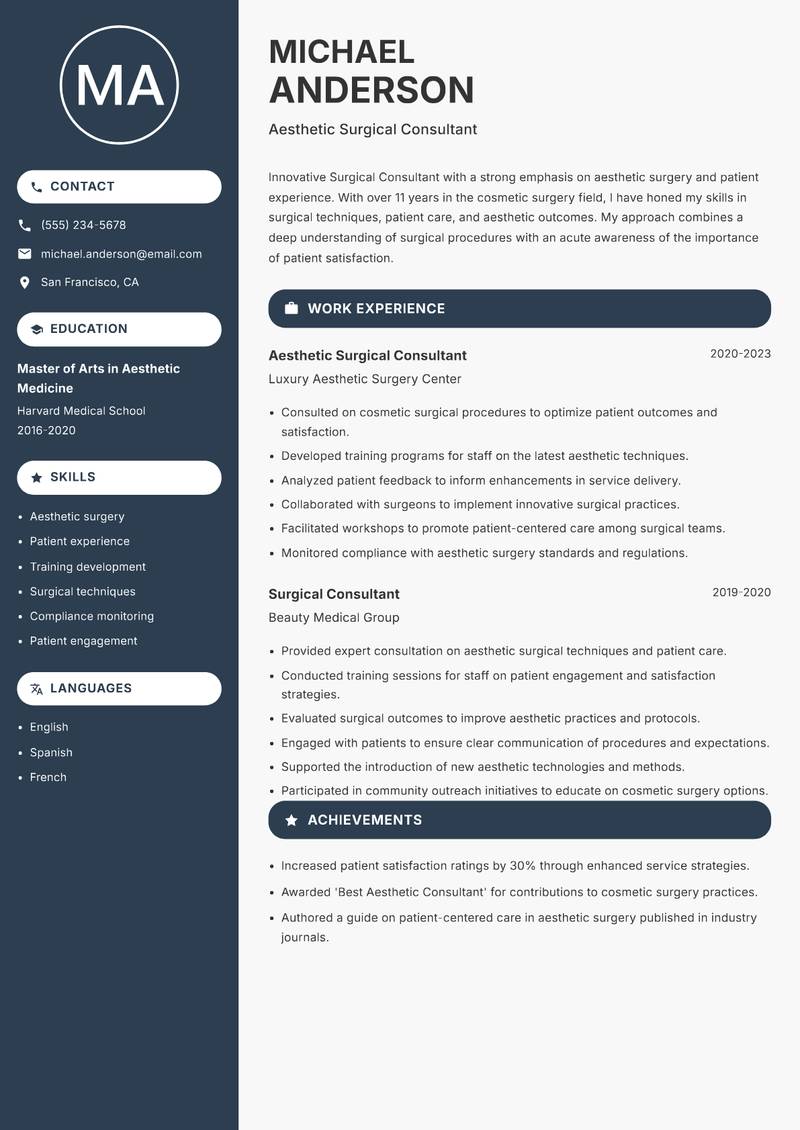 Surgical Consultant resume sample — Aesthetic Surgical Consultant focus