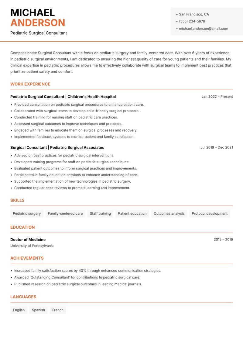 Surgical Consultant resume sample — Pediatric Surgical Consultant focus