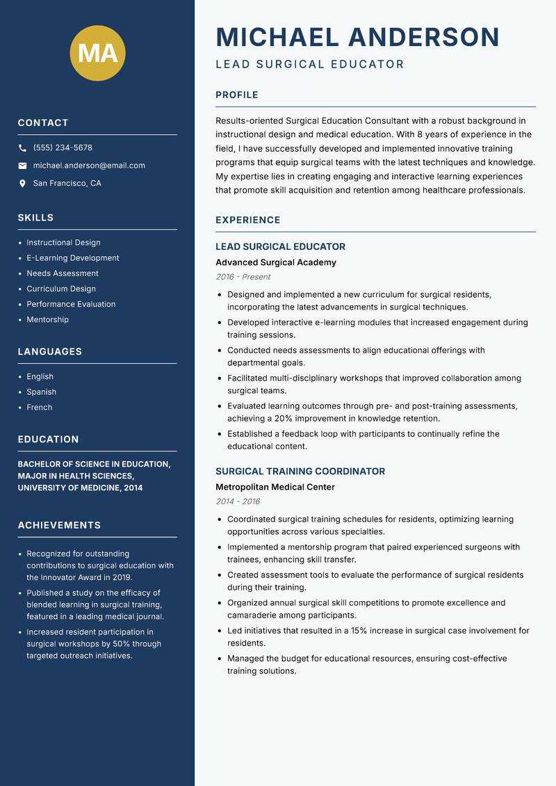 Surgical Education Consultant resume sample — Lead Surgical Educator focus