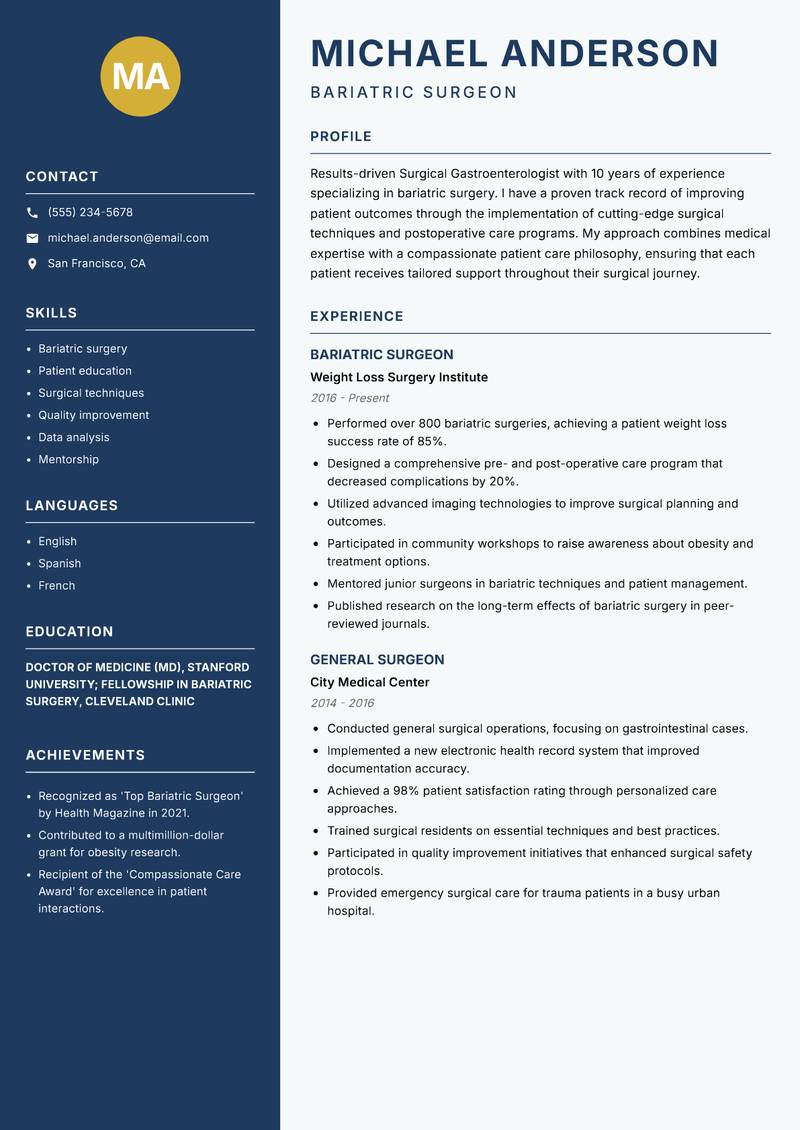 Surgical Gastroenterologist resume sample — Bariatric Surgeon focus