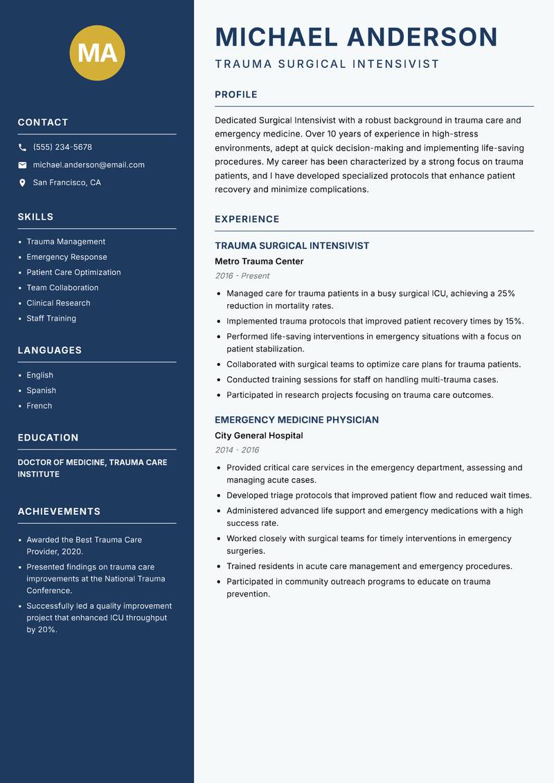 Surgical Intensivist resume sample — Trauma Surgical Intensivist focus