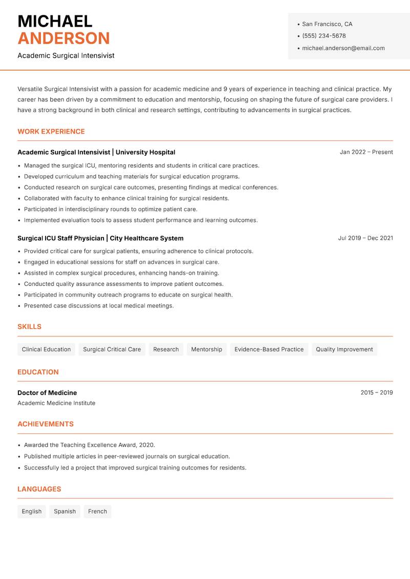 Surgical Intensivist resume sample — Academic Surgical Intensivist focus