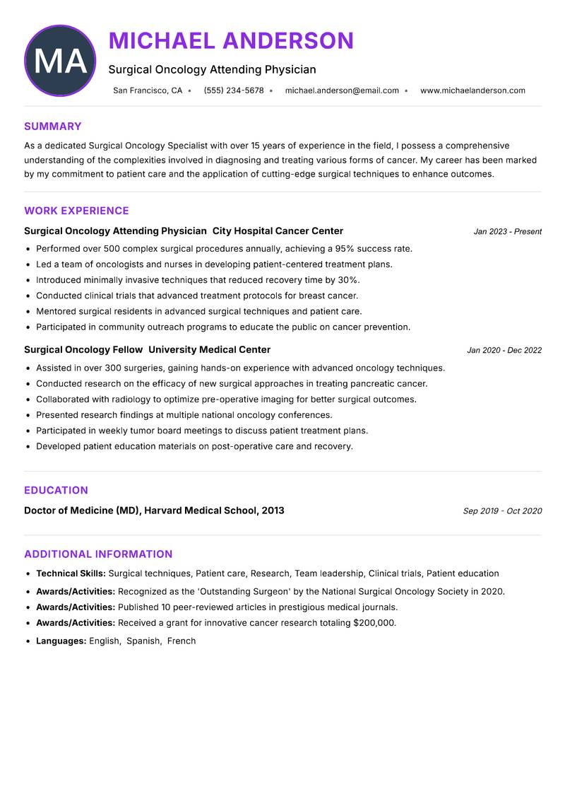 Surgical Oncology Specialist resume example