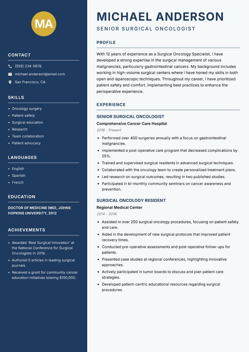 Surgical Oncology Specialist resume sample — Senior Surgical Oncologist focus