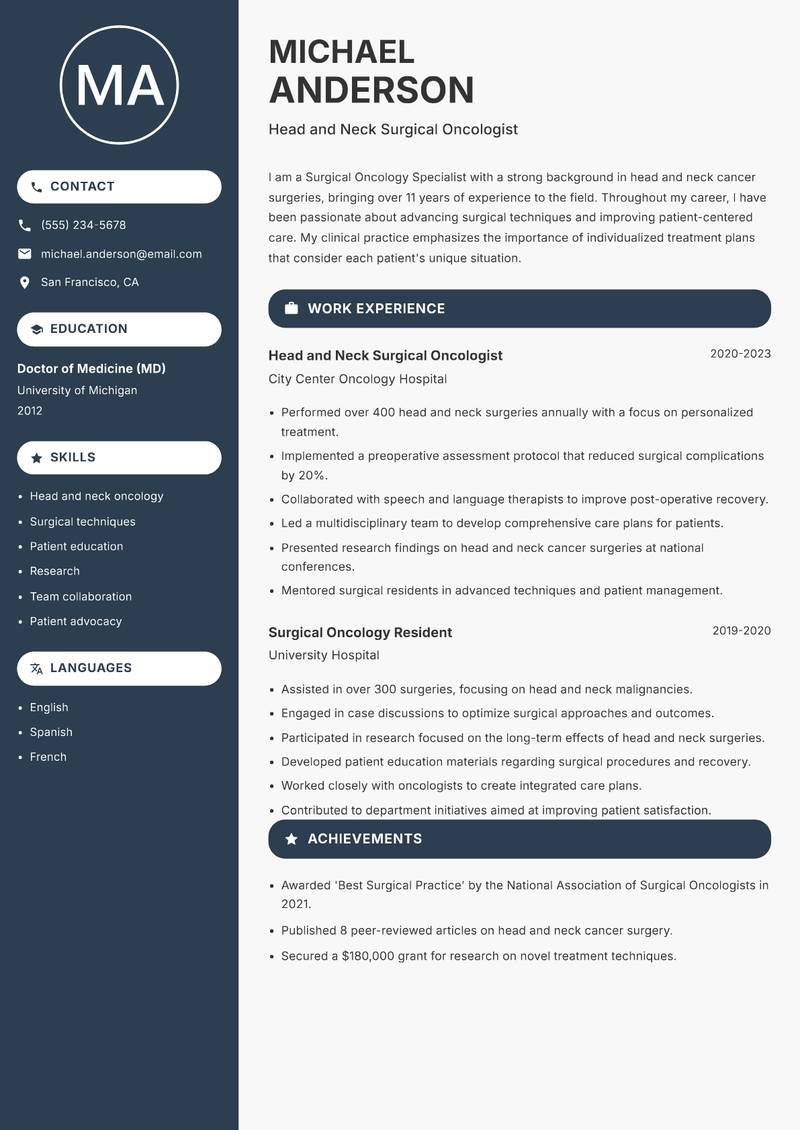 Surgical Oncology Specialist resume sample — Head and Neck Surgical Oncologist focus