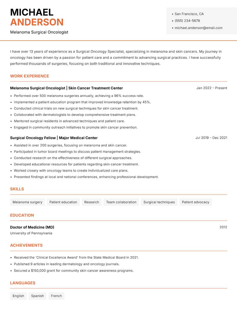 Surgical Oncology Specialist resume sample — Melanoma Surgical Oncologist focus