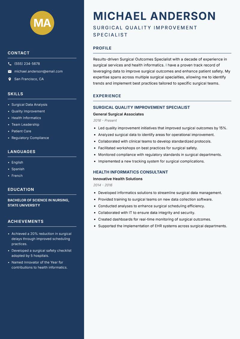 Surgical Outcomes Specialist resume sample — Surgical Quality Improvement Specialist focus