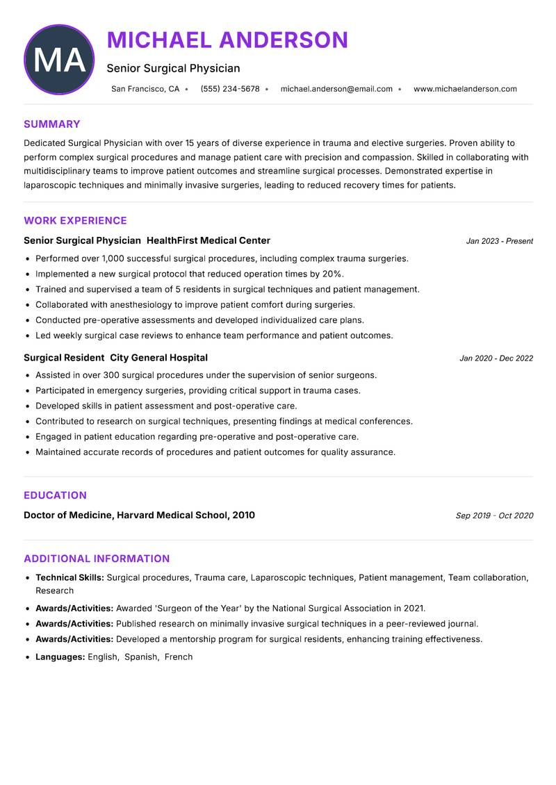 Surgical Physician resume example
