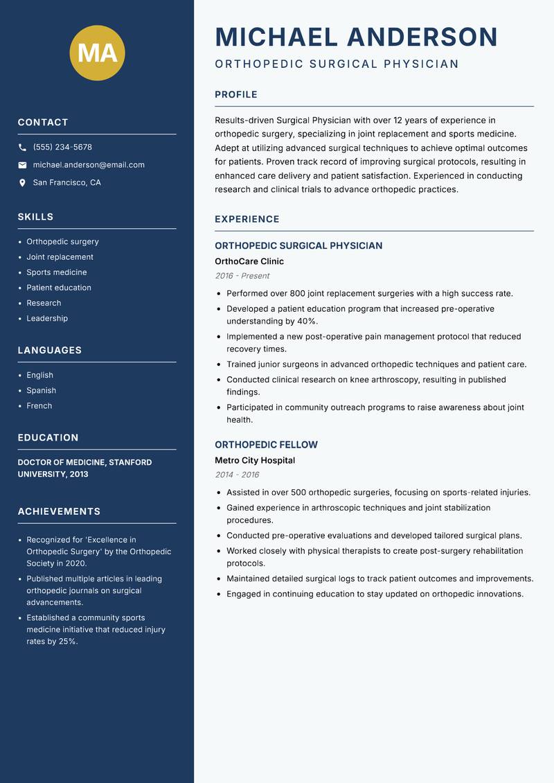 Surgical Physician resume sample — Orthopedic Surgical Physician focus