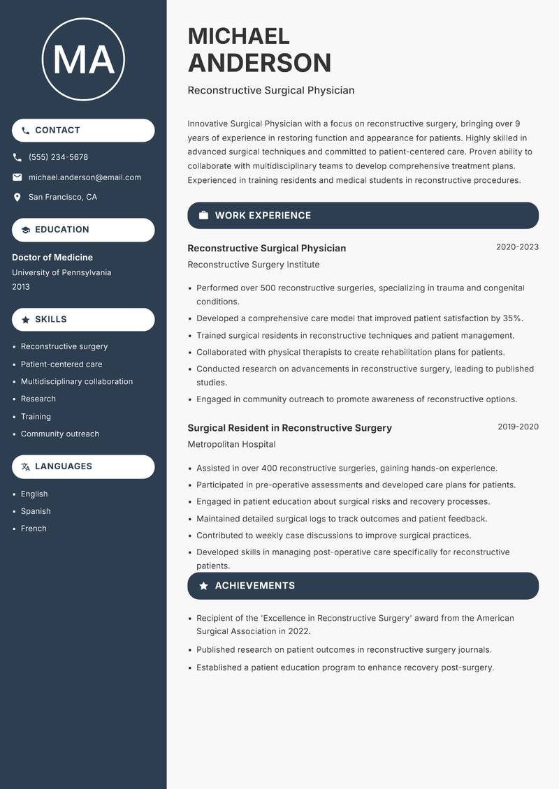 Surgical Physician resume sample — Reconstructive Surgical Physician focus