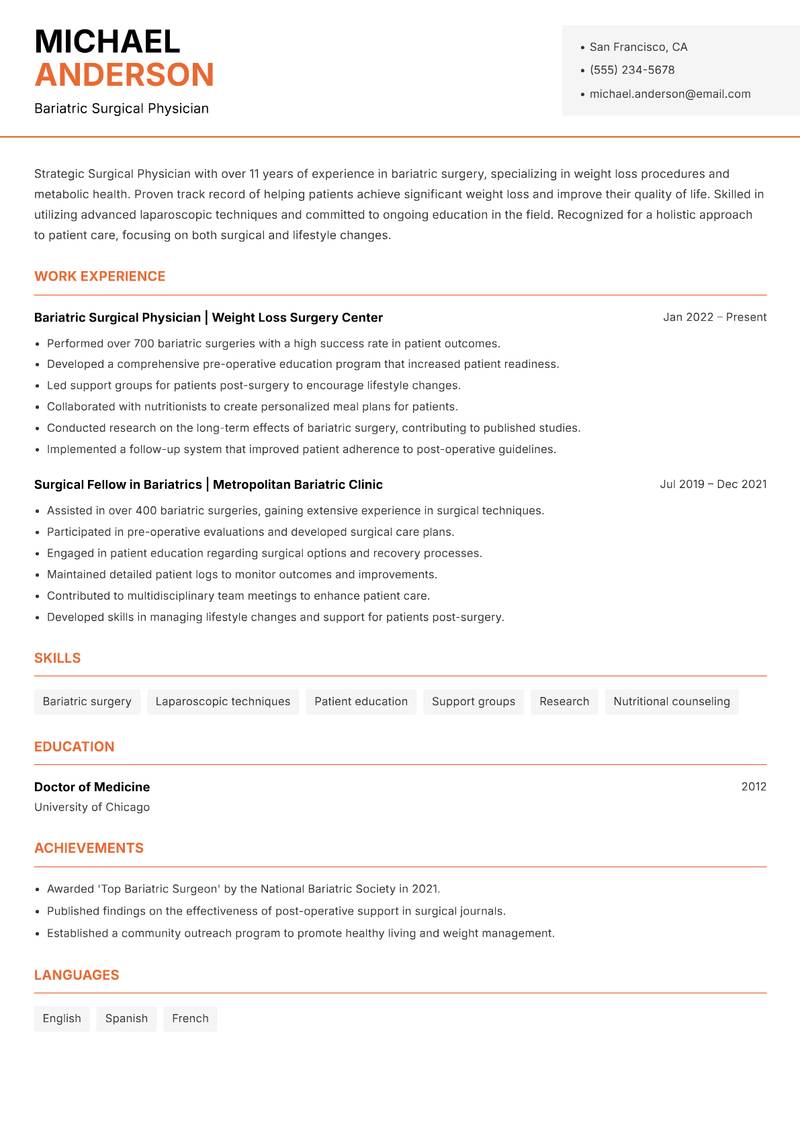 Surgical Physician resume sample — Bariatric Surgical Physician focus