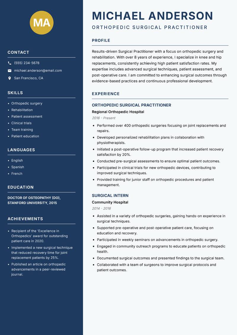 Surgical Practitioner resume sample — Orthopedic Surgical Practitioner focus