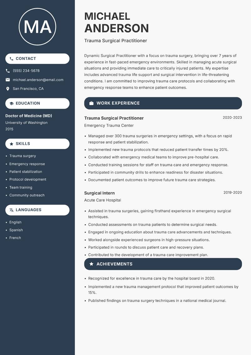 Surgical Practitioner resume sample — Trauma Surgical Practitioner focus