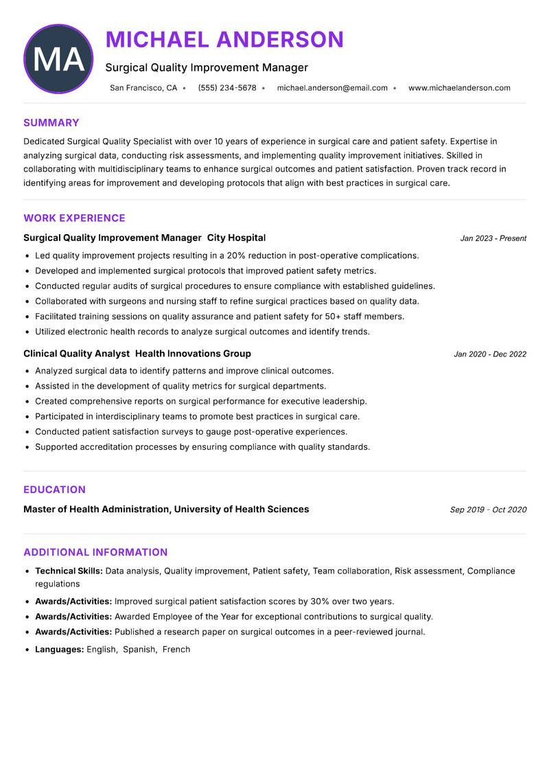 Surgical Quality Specialist resume example