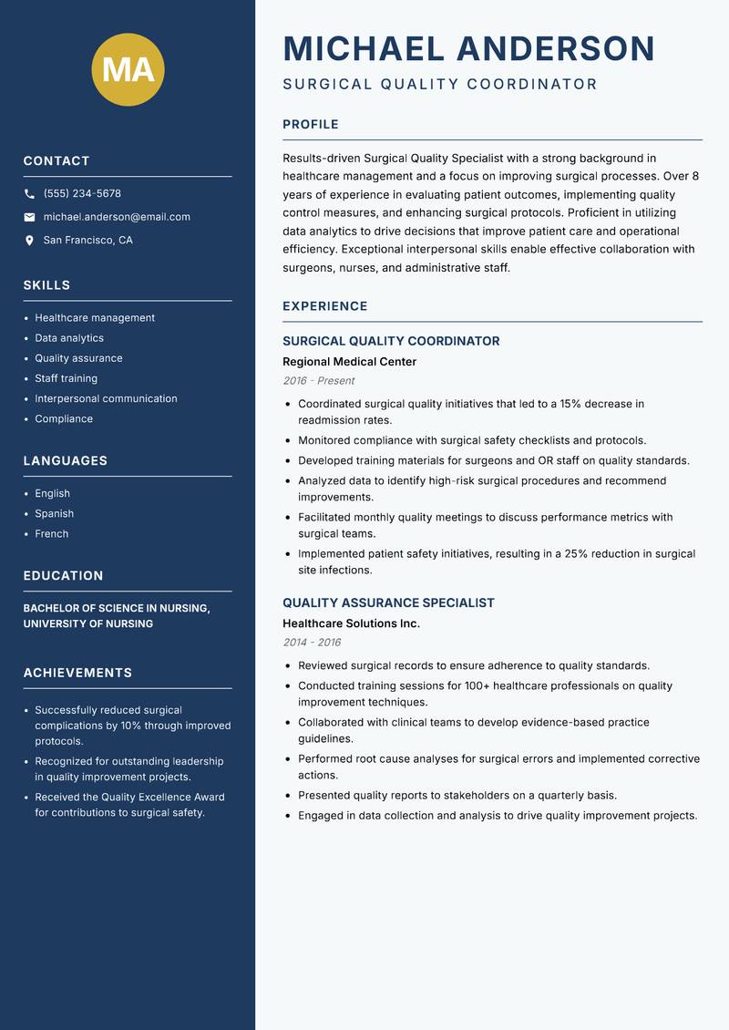 Surgical Quality Specialist resume sample — Surgical Quality Coordinator focus