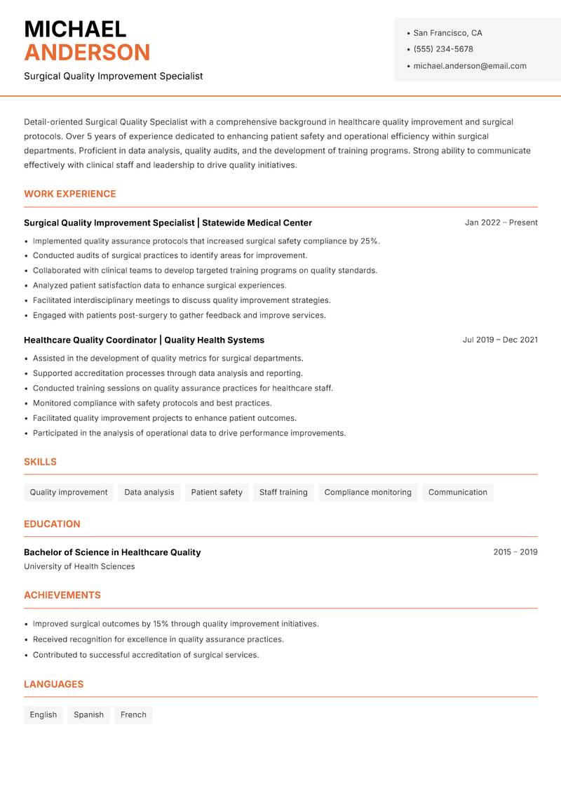 Surgical Quality Specialist resume sample — Surgical Quality Improvement Specialist focus