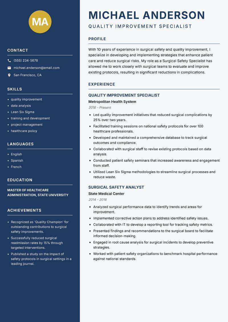 Surgical Safety Specialist resume sample — Quality Improvement Specialist focus