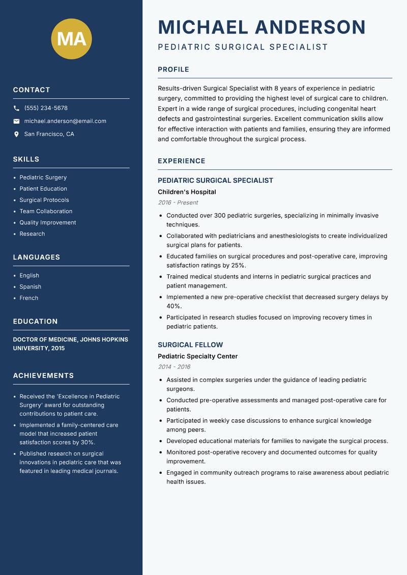 Surgical Specialist resume sample — Pediatric Surgical Specialist focus