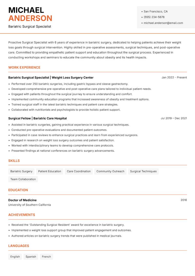 Surgical Specialist resume sample — Bariatric Surgical Specialist focus