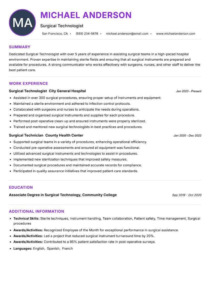 Surgical Technologist resume example