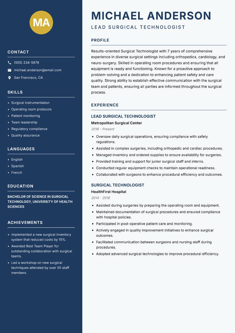 Surgical Technologist resume sample — Lead Surgical Technologist focus