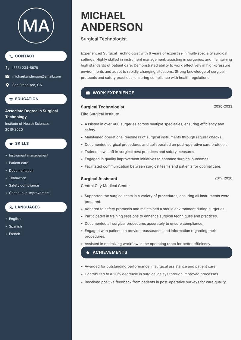 Surgical Technologist resume sample — Surgical Technologist focus