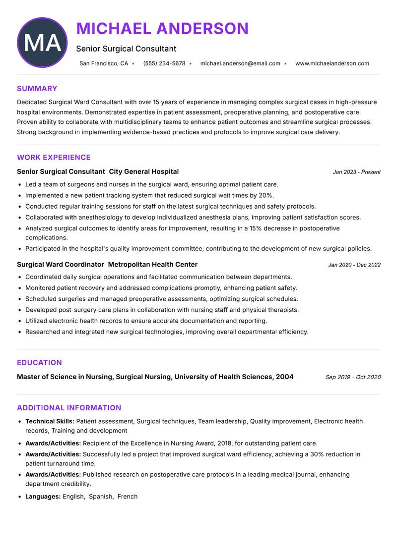 Surgical Ward Consultant resume example