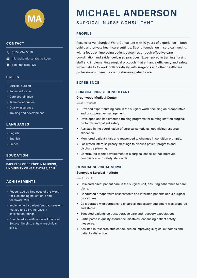 Surgical Ward Consultant resume sample — Surgical Nurse Consultant focus